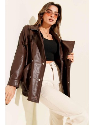 Levure Kadın Kruvaze Yaka Deri Ceket Kahverengi