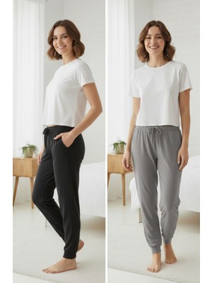 elemge %100 Pamuk 2'li Paket Süprem Kadın Pijama Altı Rahat Kalıp Cepli Ipli Terletmez Esnek Siyah- Gri Alt