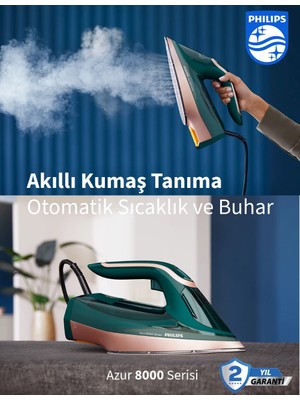 Philips 3000 W Güç, 70 G/dk Sürekli Buhar, 240 G Şok Buhar Azur 8000 Optimaltemp Teknolojisi ile Kumaşa Göre Isı Ayarı Özelliğine Sahip Buharlı Ütü