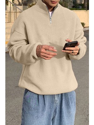 Ghassy Co. Erkek Ultra Isı Peluş Sherpa Oversize Yarım Metal Fermuar Lastik Ayarlı Polar Sweatshirt