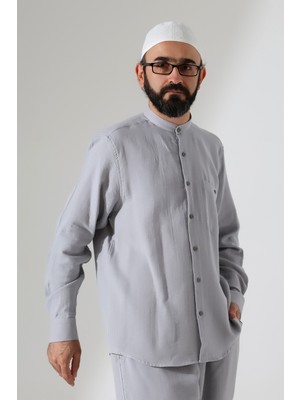 İhvan Online Erkek Müslin Hakim Yaka Uzun Kollu Düğmeli Gömlek, Hac Umre Kıyafeti  - Gri  (Ans)