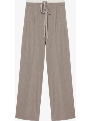 Quzu Kadın Çift Bel Detaylı Bağcıklı Bol Paça Pantolon Gri