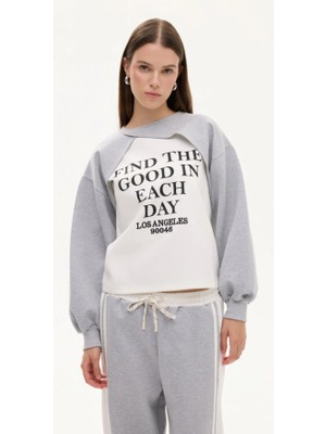 Quzu Kadın Match Detaylı Baskılı Bisiklet Yaka Sweatshirt Gri