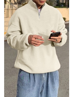 Ghassy Co. Erkek Ultra Isı Peluş Sherpa Oversize Yarım Metal Fermuar Lastik Ayarlı Polar Sweatshirt