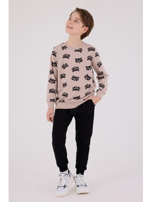 Roly Poly Erkek Çocuk Bej Desenli Pamuklu Uzun Kollu Eşofman Takım