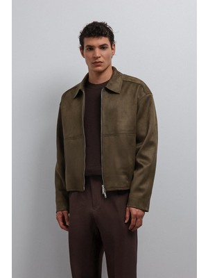 Antioch Haki Fermuarlı Suni Süet Erkek Mont