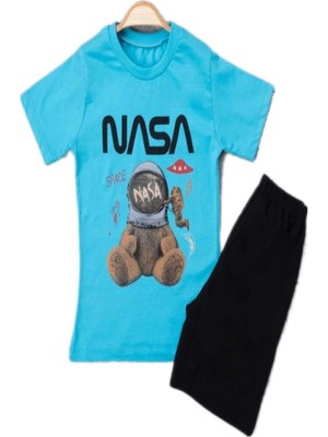Dinamik çocuk Nasa Ayıcık Baskılı Tshirt Şortlu Takım Yazlık Alt Üst Çocuk