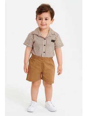 Dinamik çocuk Erkek Çocuk Pitikareli Yazlık Kısa Kollu Gömlek Saten Şortlu 2li Takım Bayramlık Takım (Tam Kalıp)