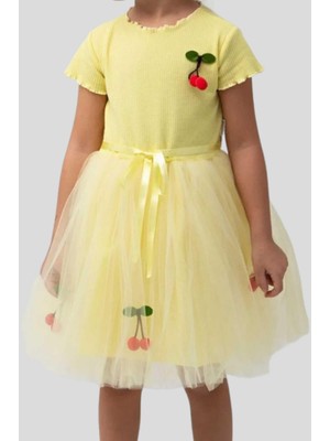 Dinamik çocuk Kız Çocuk Kirazlı Kısa Kollu Tütülü Astarlı Elbise Özel Gün Doğum Günü Prenses