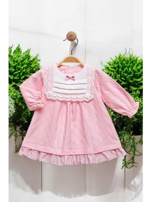 Dinamik çocuk Çiçek Nakışlı Dantel Detaylı Fiyonklu Elbise 0-2 Yaş Kendinden Desenli Kumaş