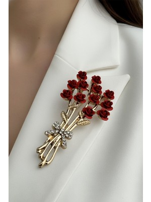 Modex Altın Sarısı Taş Detay Kırmız Gül Buket Broş (7cm)