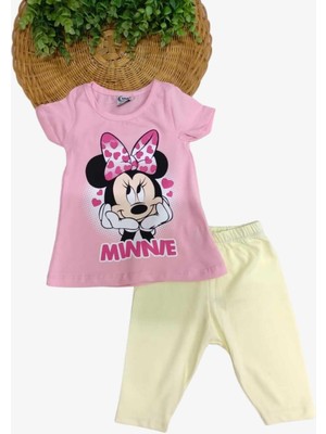 Dinamik çocuk Kız Çocuk Minnie Mouse Baskılı Taytlı Alt Üst 2'li Takım Yazlık Kısa Kollu