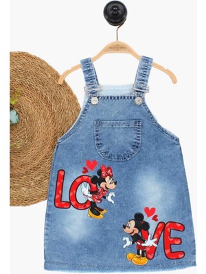 Dinamik çocuk Kız Çocuk Kot Jile Salopet Minnie Mouse Baskılı Denim Elbise