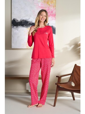 Ower Sleep Kadın Desenli Modal Önü Patlı Pijama Takım | Kırmızı 3193