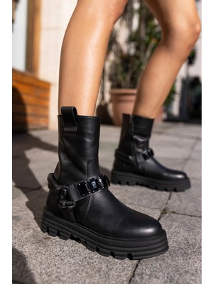 Angelina Jones Dady Kadin Siyah Siyah Taş Gercek Deri Postal Bot