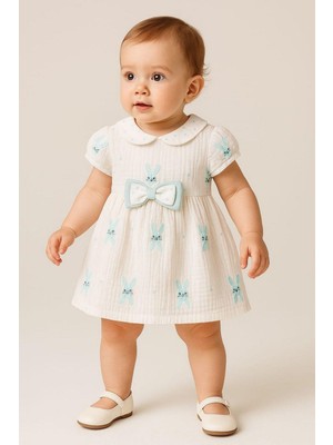 Dinamik çocuk Dinamik Kız Bebek Müslin Kumaş Tavşanlı Büzgü Kol Yazlık Elbise Organik Tasarım