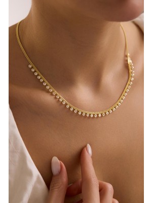 Nereze 925 Ayar Gümüş Gold Kaplama Gurmet Zircirli Beyaz Zirkon Taşlı Kolye