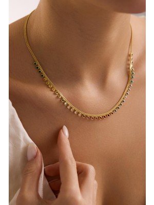 Nereze 925 Ayar Gümüş Gold Kaplama Gurmet Zircirli 3 mm Renkli Zirkon Taşlı Kolye
