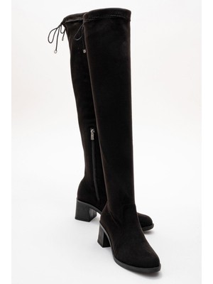 Ccway Kadın  Dizüstü Streç Topuklu Çizme; Siyah Süet
