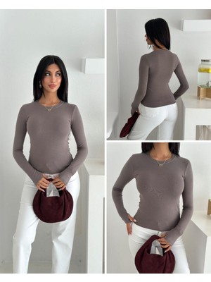 Elaxi Kadın Bisiklet Yaka Uzun Kol Parmak Geçmeli Buzy Bady