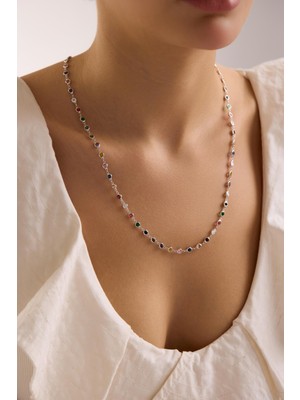 Nereze 925 Ayar Gümüş Rodyum Kaplama 85 cm Uzunluk Mix 4 mm Zirkon Taşlı Kolye