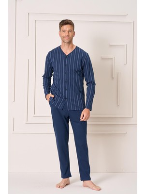 Ower Sleep Erkek Penye Süprem Battal Önden Düğmeli Pijama Takımı | Lacivert 2144