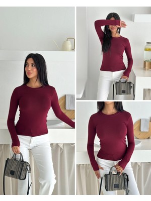 Elaxi Kadın Bisiklet Yaka Uzun Kol Parmak Geçmeli Buzy Bady