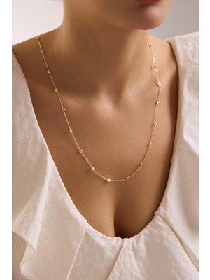 Nereze 925 Ayar Gümüş Gold Kaplama 85 cm Uzunluk Eşit Aralıklı Beyaz 4 mm Zirkon Taşlı Kolye