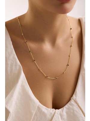 Nereze 925 Ayar Gümüş Gold Kaplama 85 cm Uzunluk Eşit Aralıklı Renkli 4 mm Zirkon Taşlı Kolye