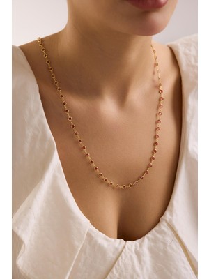 Nereze 925 Ayar Gümüş Gold Kaplama 90 cm Uzunluk Kırmızı 4 mm Zirkon Taşlı Kolye