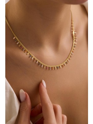 Nereze 925 Ayar Gümüş Gold Kaplama Gurmet Zircirli Mix Zirkon Taşlı Çubuk Model Kolye