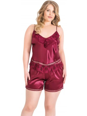 Çamaşır Kenti Büyük Beden Bordo Saten Babydoll Şort Takımı