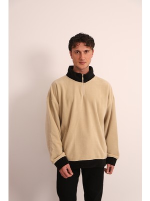 Moviment Erkek Bej Fermuarlı Yaka ve Kol Ucu Siyah Garni Detaylı Sweatshirt