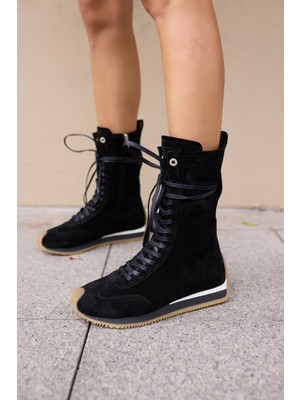 Angelina Jones Carmira Kadin Siyah Gercek Suet Boksor Sneaker Bot