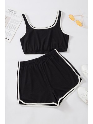 Çamaşır Kenti Kadın Siyah Askılı Crop Top ve Şortlu Gecelik Takım