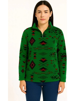 Silerra Kadın Yarım Fermuarlı Desenli Polar Sweat Tribal Etnik Desen Yakalı, Uzun Kollu, Oversize Rahat Kalıp - Yeşil