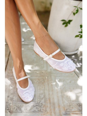 Angelina Jones Lotaro Kadin Bej Işleme Detayli Tul Babet