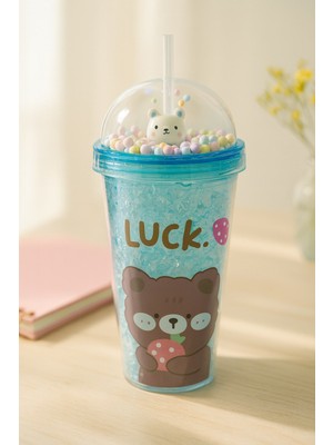 biton  çılgın bear suluk pipetli buzlu cam görünümlü 450 ml çift katman mika sevimli suluk 2093 mavi