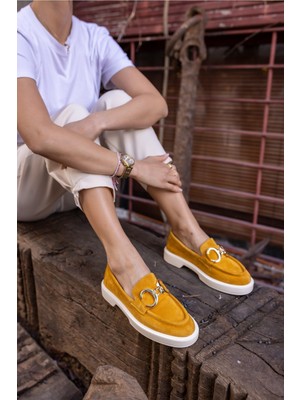 Angelina Jones Granda Kadın Sarı Gerçek Deri Suet Loafer Ayakkabı Düz Tabanlı Konforlu Tasarım