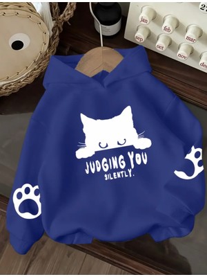 Kids Face Özel Tasarım Kapüşonlu Judging You Kedi Baskılı %100 Pamuk Oversize Kız Çocuk Sweatshırt