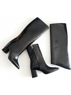 Divolya Strada Siyah Rugan Tak-Çıkar Konçlu  (8 cm Topuk Boyu ) Günlük Kullanım Bot ve Çizme