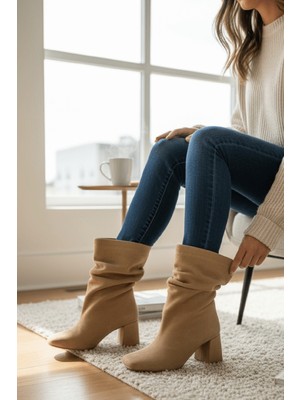 Divolya Madamore Bej Süet Büzgülü Küt Burun (8 cm Topuk Boyu) Günlük Kullanım Bot