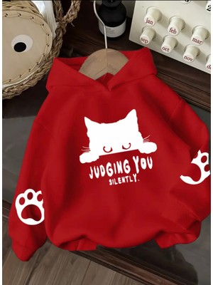 Kids Face Özel Tasarım Kapüşonlu Judging You Kedi Baskılı %100 Pamuk Oversize Kız Çocuk Sweatshırt