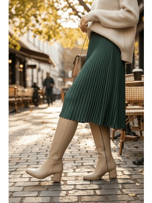 Divolya Despina Nude Deri Topuklu (5 cm Topuklu ) Yanı Fermuarlı Günlük Kullanım Çizme