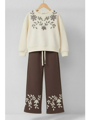 Miniğimin Cicileri Çiçek Simli Kabartma Baskılı  Sweat & Geniş Paça kız çocuk takım - Kahve