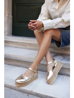 Angelina Jones Beraldo Kadın Dore Altın Gercek Deri Espadril Taban Sandalet