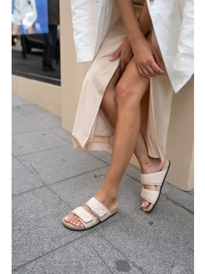 Angelina Jones Viana Kadin Bej Gercek Deri Terlik