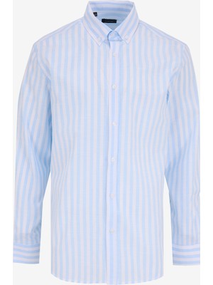 Fabrika Comfort Regular Fit Düğmeli Yaka Çizgili Mavi - Beyaz Erkek Gömlek FC5SM-GML 2541