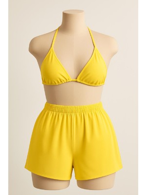 Çamaşır Kenti Kadın Sarı Şortlu Belden ve Boyundan Bağlamalı Bikini Takımı