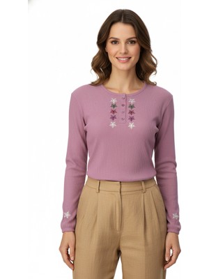 Oppland Kadın Badi Bluz Krinkle Kumaş Şık Çiçek Nakışlı Likralı Yuvarlak Yaka Uzun Kol Normal Kesim